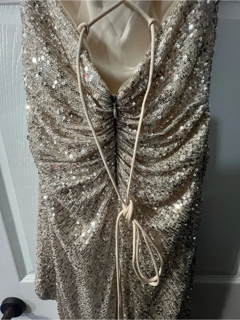 Gold Sequin Ruched Spaghetti-Strap Formal Dress - Picture 4 of 6